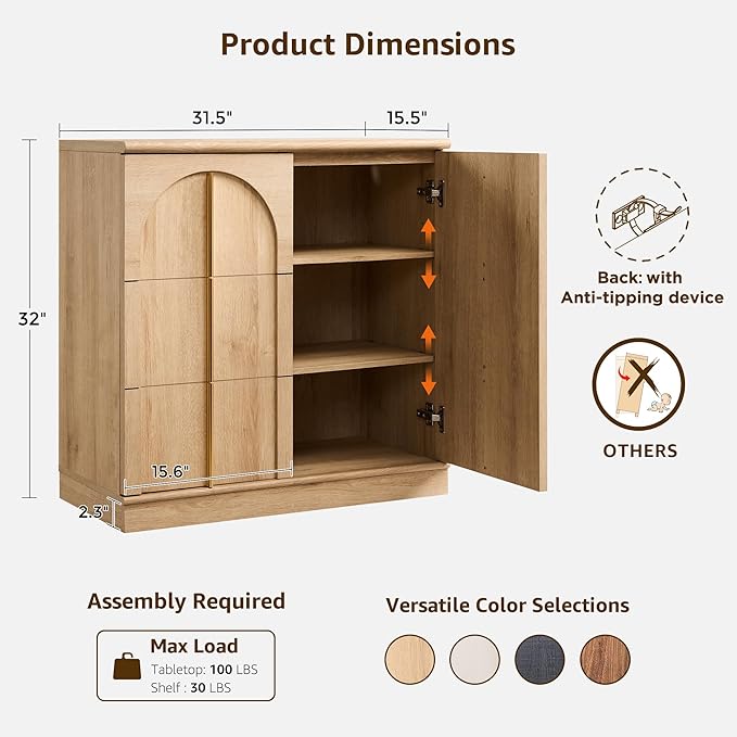 ACCOHOHO Buffet Cabinet with Storage&Arched Doors,31.5 Inch Wood Sideboard with Adjustable Shelf,Modern Coffee Bar Tables Accent Cabinets for Living Room,Kitchen Or Entryway (Natural Oak, 1 Piece)