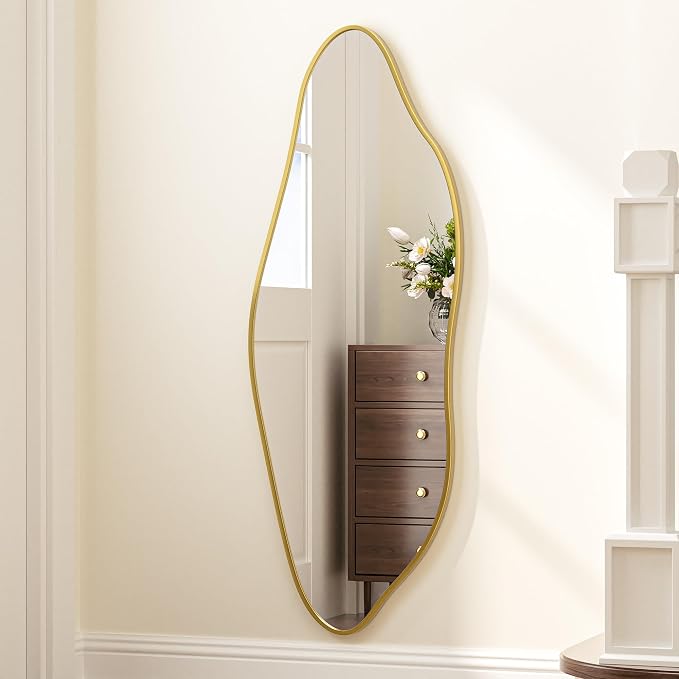 Keonjinn Gold Irregular Mirrors for Wall 60" x 20" Inch, Asymmetrical Metal Frame, Tempered Glass Decorative Mirror for Bathroom, Bedroom, Living Room, Entryway(Horizontal/Vertical)