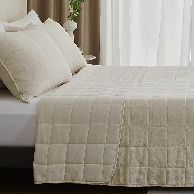 Powdion French Linen Quilt King, Pre-Washed Linen Front and Cotton Back European Comforter, Lightweight Breathable Cotton Quilt King Size for All Season, 3 Pcs Box Stitch Beige King Quilt