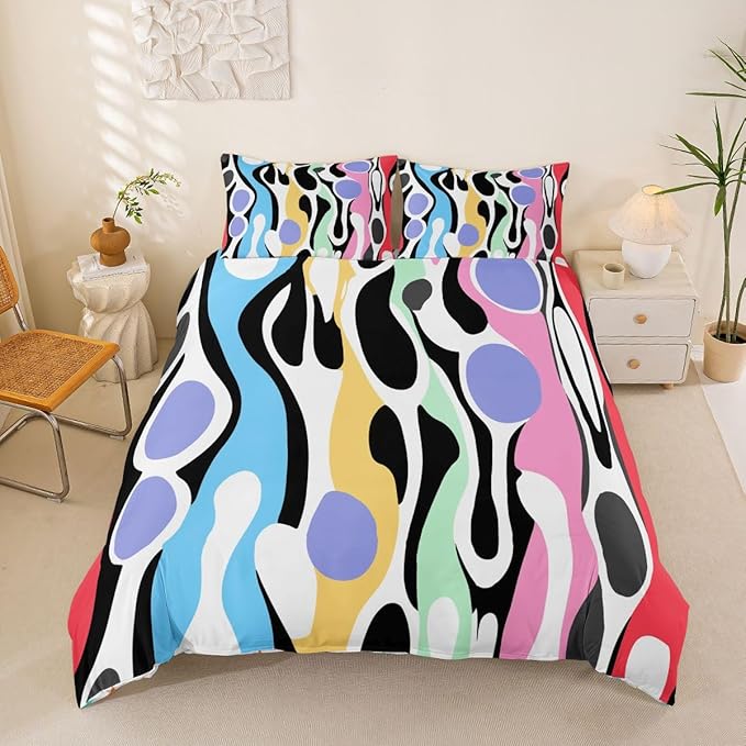Erosebridal Organic Abstract Duvet Cover Set Modern Contemporary Queen Bedding Set for Child Boys Boho Mid Century Wavy Lines Comforter Cover Retro Geometric Bed Sets,Rainbow Purple