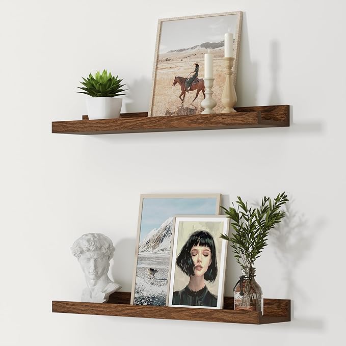 Vivelove Oak Rustic Floating Shelves Set of 2, 24 Inches Picture Ledge Shelf for Bedroom Living Room Bathroom Kitchen, Wall Mounted Shelves