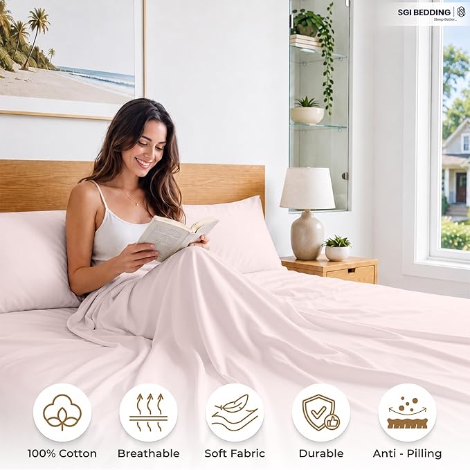 SGI bedding 100% Egyptian Cotton Sheets Twin Size – 600 Thread Count Sheets Set, Soft, Cooling, 15" Deep Pocket, Luxury Hotel Bedding, Breathable, Durable - Blush