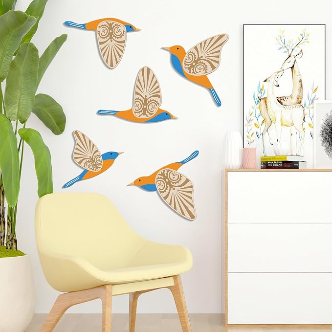 KOYILTD 5 Piece Bird Wood Wall Sculptures Wooden Wall Art Decor Scandinavian Home Decorations Flying Bird Wall Decor Farmhouse Wall Art for Home Living Room Bathroom Dining Room (Blue orange)