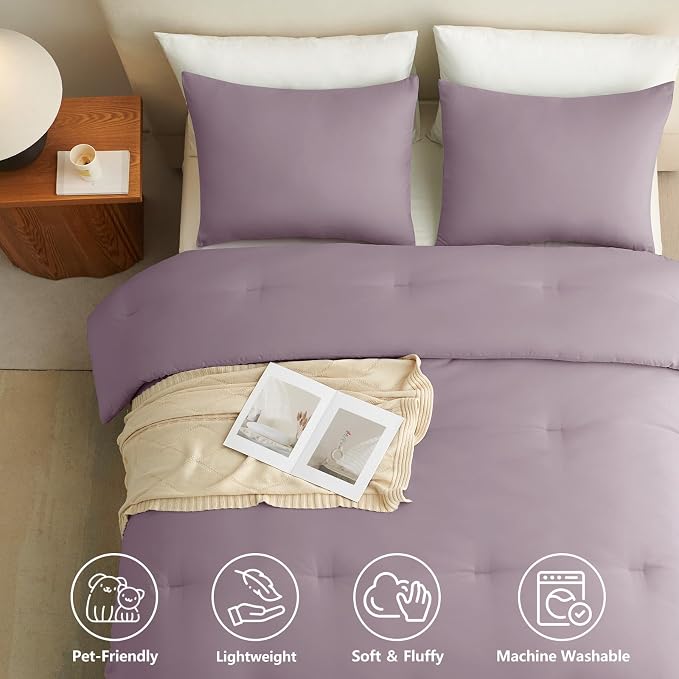 CozyLux Queen Comforter Set Dusty Purple, 3 Pieces Lightweight Comforters Queen Size Bedding Sets, Grayish Purple All Season Solid Down Alternative Comforter with 2 Pillowcases, Bed Set Gift for Home