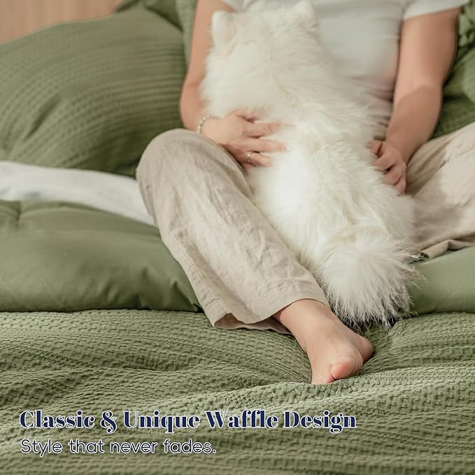 PHF Soft Waffle Comforter Set King Size- Comfy Breathable Waffle Weave Comforter with 2 Pillow Shams, 3 Pieces Less Snagging Lightweight Textured Bedding Set for All Season, Olive Green