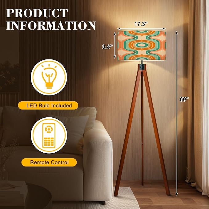 Wood Tripod Floor Lamp 50s Mid Century Modern Seamless Mid Century Standing Lamp Linen Shade Dimmable Modern Tall lamp Home Decor for Living Room Bedroom Office