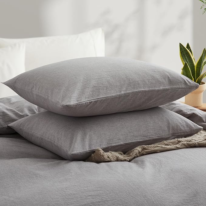 LOVQUE Light Grey Duvet Cover Full Size, 100% Washed Cotton Linen Like Bedding Set with Zipper Closure (No Comforter), 80x90 Inches