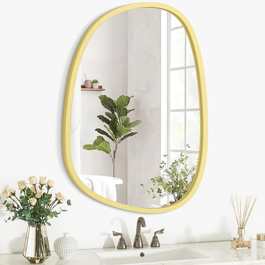 Wooden Asymmetrical Irregular Wall Mirror - Unique Modern Shape - Wall Mounted - Artistic Decorative for Living Room, Bedroom, Bathroom, Entryway & Hallway - 14"x10"