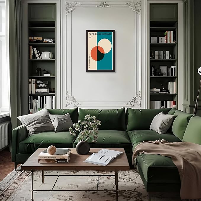LZMXWX Vintage FüHrend In Der Herrenmode German Text Poster Geometric Orange Circle Canvas Wall Art Bauhaus 1923 Exhibition Prints For Home Bedroom Dorm Wall Decor 16x24in Black Framed Raised