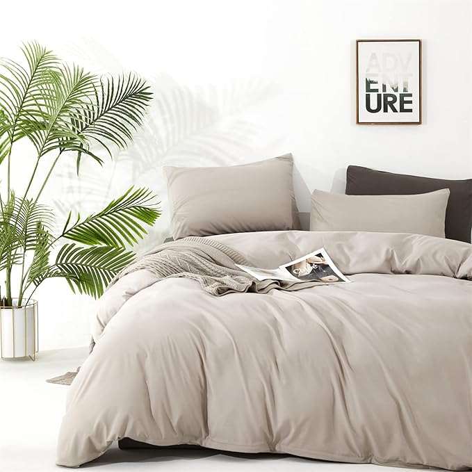 Pureant Beige Khaki Comforter Set Queen Size Light Khaki Bedding Set 3PCS Solid Oatmeal Comforter Modern Soft Women Men Cream Coffee Bedding Light Taupe Queen Size Quilts Cotton Champagne Bedding