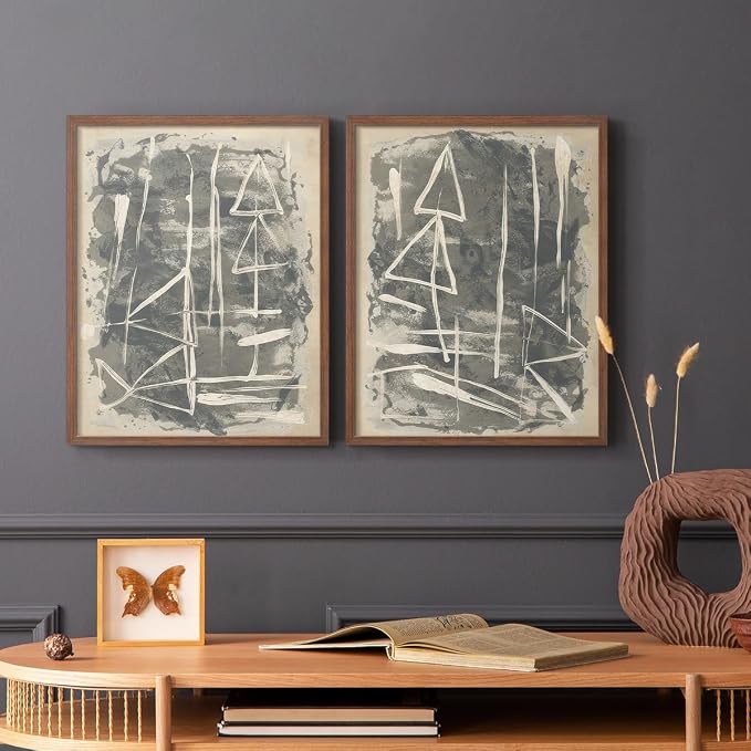 Renditions Gallery Set of 2 Peel & Stick Framed Prints, Trendy Abstract Wall Art, Textured Linework Striking Wall Decor, Re-Stickable - Ready to Hang - 22"x28" - Walnut Frame LT588