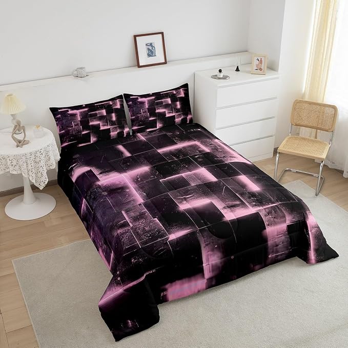 Erosebridal Black and Pink Comforter Set Twin Modern Abstract Twin Bedding, 3D Glowing Plaid Bedding Comforter Sets Gradient Grid Duvet, Neon Square Quilted Comforter 2pcs (Black Reversible)