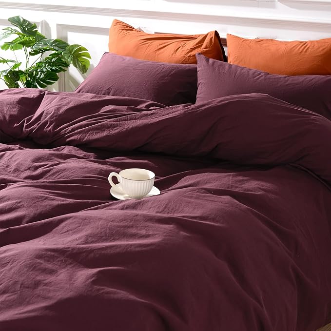 NEXHOME PRO Duvet Cover Set King Size Linen Look Textured Organic Natural 100% Washed Cotton Duvet Cover Burgundy Dark Red 3 Pieces Bedding Set with Zipper, Breathable (No Comforter)