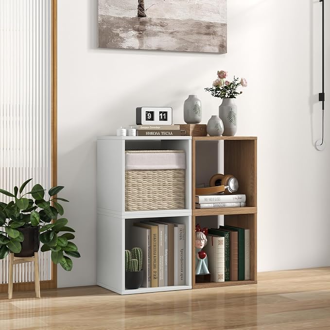 2 Stackable Cubes Bookcase, Wooden Cubby Storage Organizer with Anti-Tipping Device, Small Book Shelf for Small Space, Combination Square Bookshelf Cubes (2, White)
