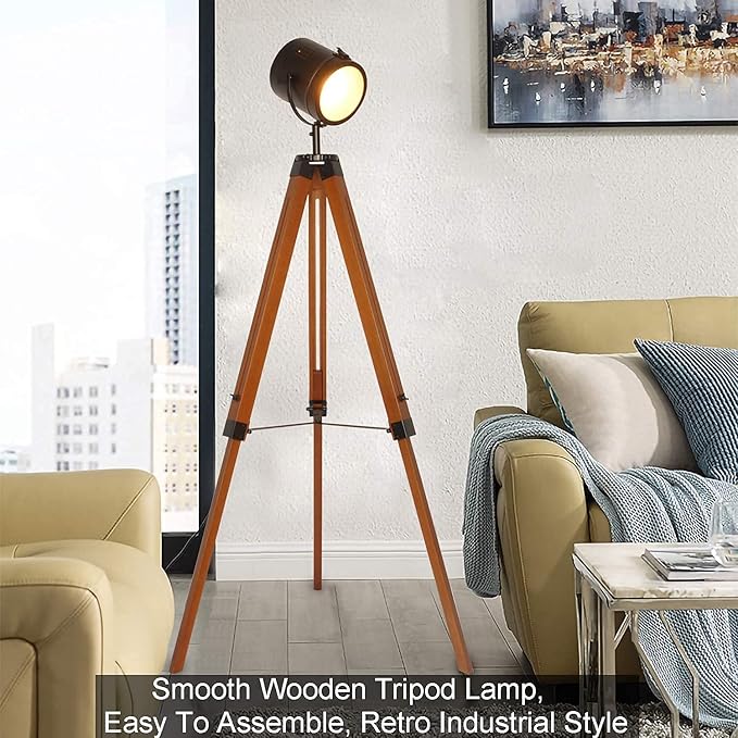 DEC LUCE DECOLUCE LIGHTING Vintage Industrial Tripod Floor Lamp - Adjustable Spotlight for Living Room & Bedroom | Wooden & Metal Design | Perfect for Office, Cinema, Dorm | Black (Bulb Not Included)