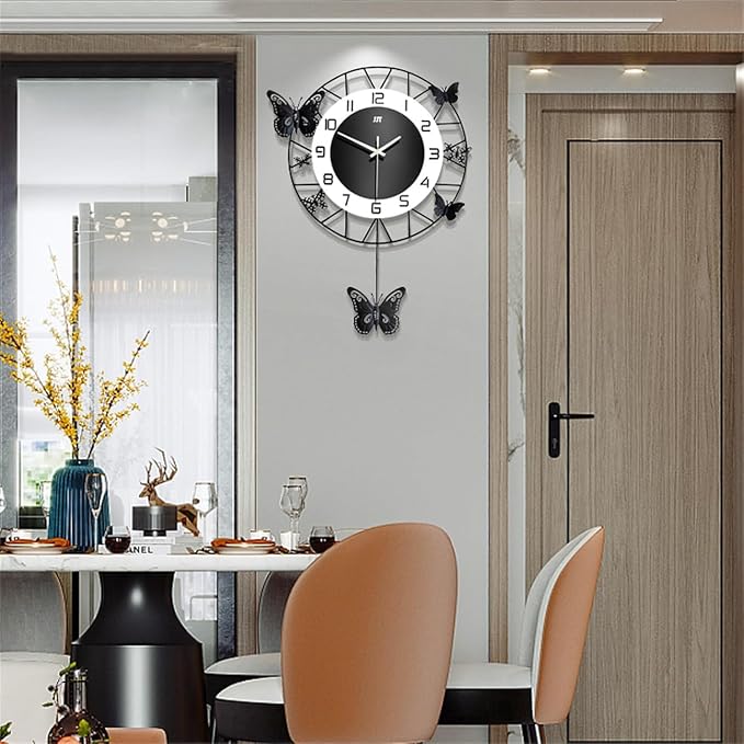 Large Wall Clock 20 Inch, Modern Pendulum Wall Clock Butterfly Art Decor Silent Non-Ticking, Home Décor for Living Room, Kitchen, Dining Room, Bedroom