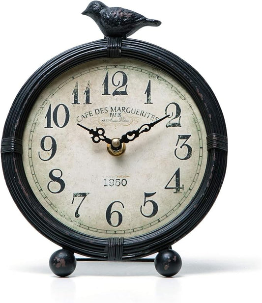 NIKKY HOME Vintage Table Clock with Bird, Metal Desk Clocks Battery Operated Black Retro Table Clock on Stand Decorative Desk Clock for Bedroom Living Room Shelf