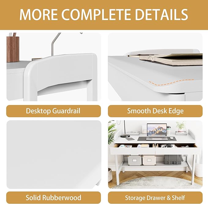 100% Solid Wood Desk with Drawers - 40 Inch Simple Modern Desks, Writing Desk with Drawers & Shelf, Work Study Table, Adjustable Height Home Office Computer Desks - White