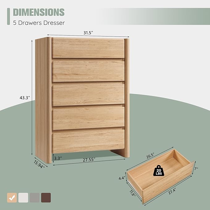 Modern 5 Drawers Dresser for Bedroom, 43" Tall Dresser & Chests of Drawers w/Rounded Corner, Wood Handleless Dresser w/Large Storage & Natural Texture for Bedroom, Living Room-Natural