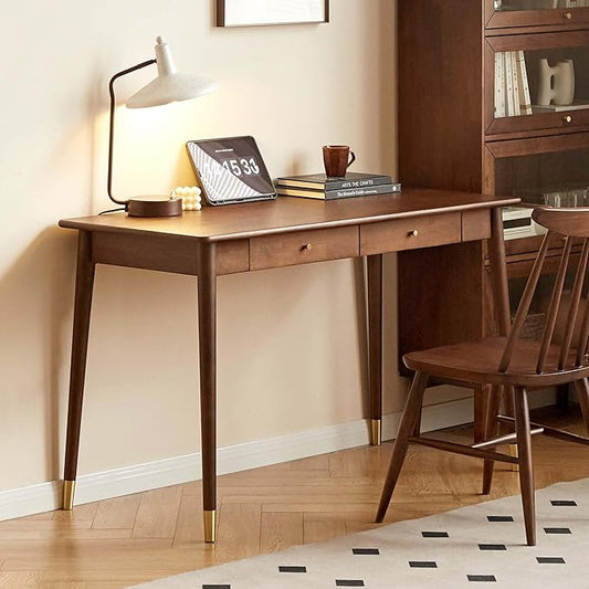 YESWOOD Solid Wood Desk, Mid Century Modern Home Office, Computer Desk with Drawers for Study Bedroom Living Room 39.37" W