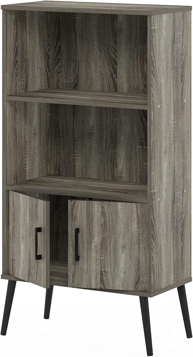 Furinno MIDCENTURY Storage Shelves, Mid-Century Style Accent Storage Cabinet with Doors and Shelves, Bookshelf with Legs, for Living Room, Home Office, Grey Oak