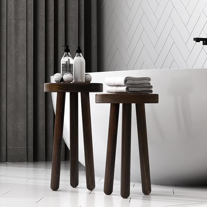 Wood Plant Stand Set of 2 (18+16" Tall) - Dark Walnut Round Solid Wood Plant Stand, Side Table, or Bathroom Stool - Heavy Duty Stool for Small Spaces