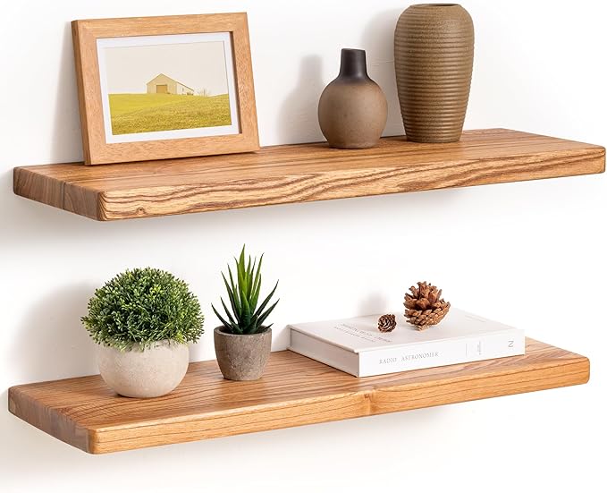 Fun Memories 24 Inch Floating Shelves, Rustic Solid Wood Wall Shelves Set of 2, 8 Inch Deep Floating Shelf for Bathroom, Bedroom, Heavy-Duty Wooden Shelf Wall-Mounted for Home Decor & Storage
