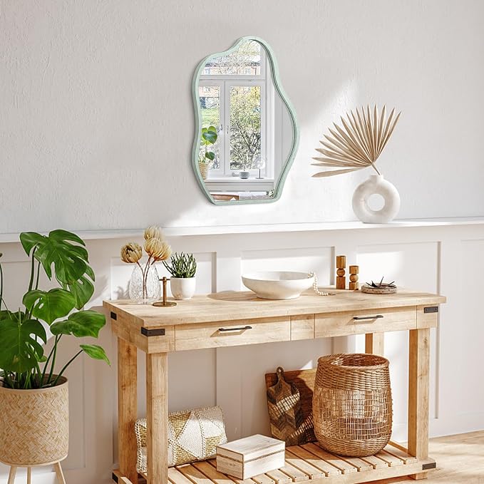 Asymmetrical Irregular Mirror for Wall Wooden Framed Hanging Wall Mirror Cloud Modern Unique Bathroom Wall Mirrors Decorative Living Room Bedroom Entryway Hallway Artistic Hanging Mirror