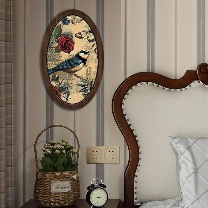 UYIKG Vintage Rustic Farmhouse Oval Framed Wall Art Decor,Floral Bird Cottage Core Vintage Wall Decor for Theme Room Home Bedroom Living Room Home Office 9x14.6 in