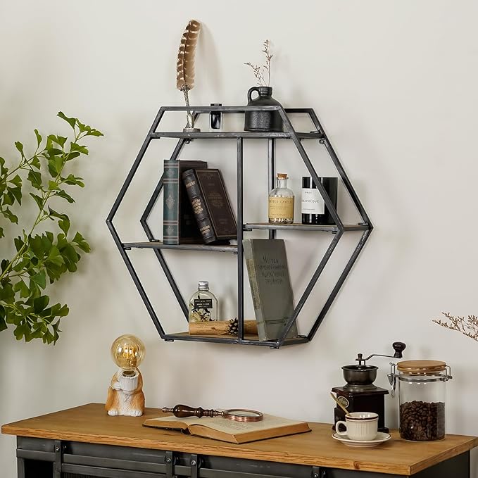 Industrial Style Hexagon-Shaped Wall Shelves, 3 Tier Decorative Floating Ledge Shelves, Wall Mounted Metal Bracket Wooden Display Hanging Shelf