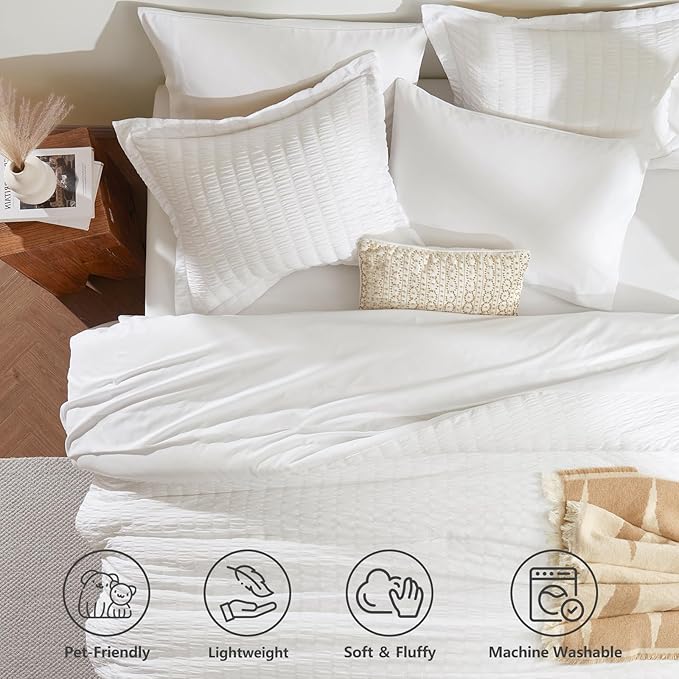 CozyLux California King Comforter Set with Sheets 7 Pieces White Seersucker Bed in a Bag, Cal King Luxury All Season Bedding Set with Down Alternative Comforter, Sheets, Pillowcases & Shams, Home Gift