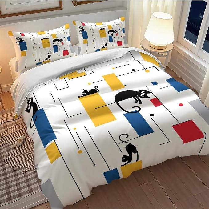 Mid Century Bedding Set,Retro Black Cat 1950s 1960s Abstract Atomic Colorful Geometric Pattern Modern Comforter Set with Pillowcase for Bedroom Bed Decor，Twin 86"x70"