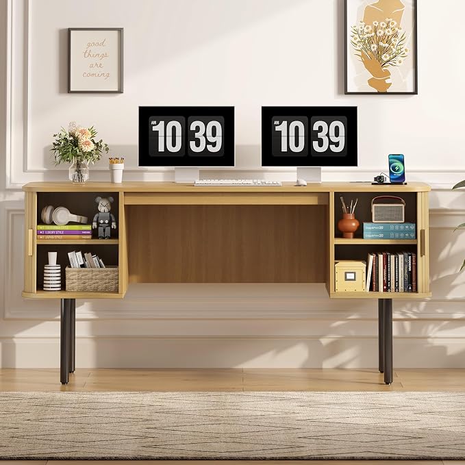 ONBRILL 63 Inch Fluted Computer Desk with Charging Station, Mid Century Executive Desk with 2 Storage Cabinets, Modern Home Office Large Desk with Metal Legs for Working, Studying, Writing, Oak