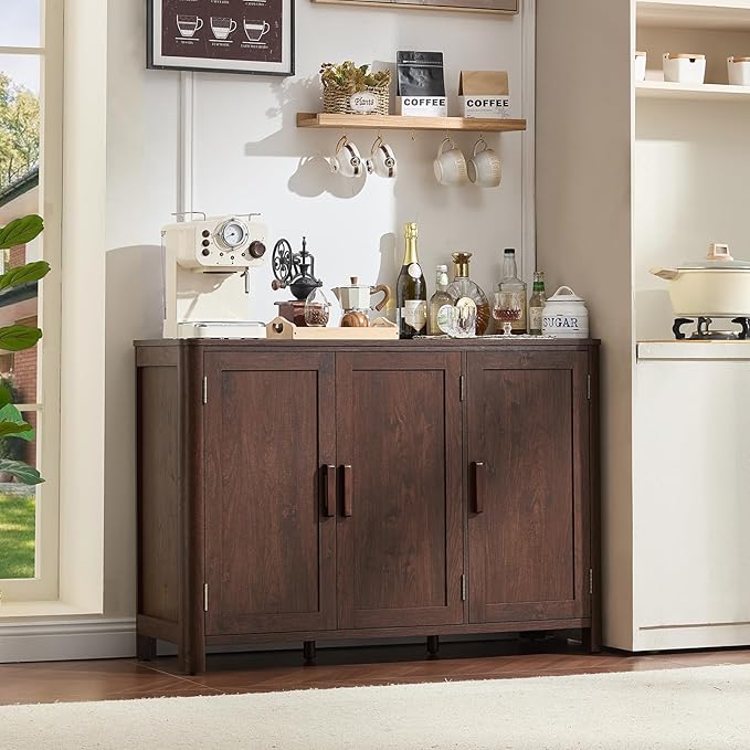 Sideboard Buffet Cabinet with Storage, 46" Arc-Shaped Credenza with 3 Doors & Adjustable Shelves, Mid Century Modern Coffee Bar Cabinet for Kitchen, Living Room, Entryway, Walnut