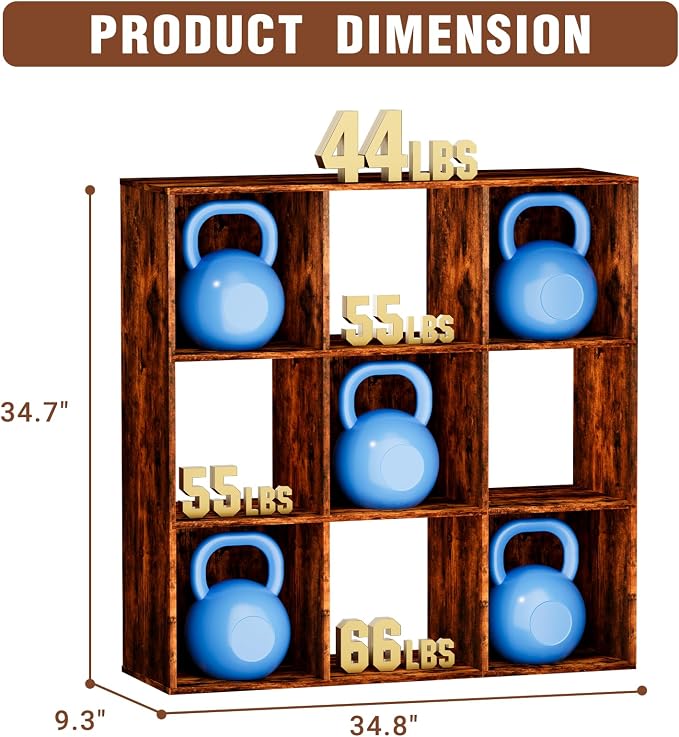 9 Cube Storage Organizer, Free Standing Display Shelf with Open Cubes, Floor Standing Book Shelf Bookcase with Storage for Home Office, Living Room, Bed Room (Vintage Brown, 9-Cube)