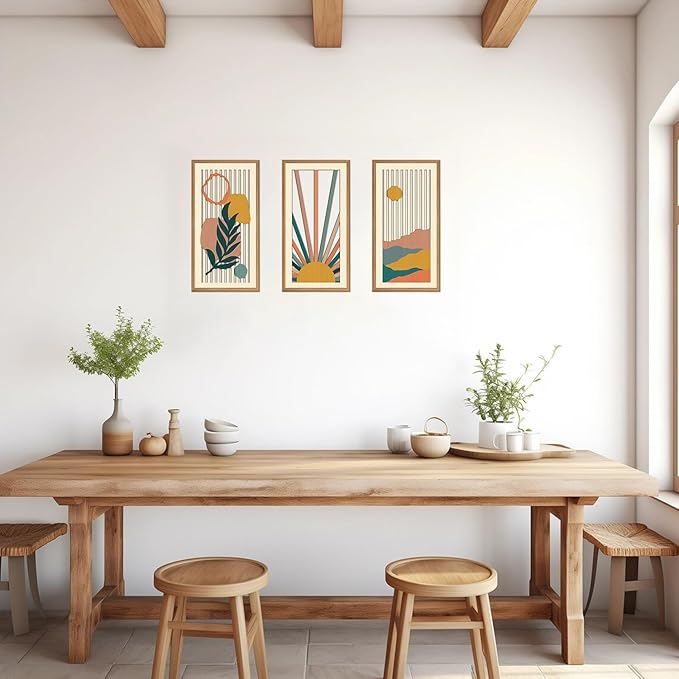IARTTOP 3Pcs Boho Sunrise Wood Wall Decor Abstract Nature Mountain Wall Art Botanical Mid Century Artwork Minimalist Geometric Art Prints for Living Room Bedroom Office Decoration 8 x16Inch Framed