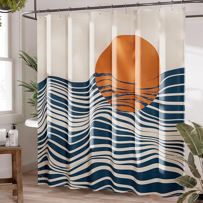 AmazerBath Boho Shower Curtain, 72x72 Washable Cloth Navy Sea and Sunset Shower Curtain with 12 Hooks, Fabric Rustic Shower Curtain Set, Farmhouse Modern Tan Shower Curtains for Bathroom Camper RV