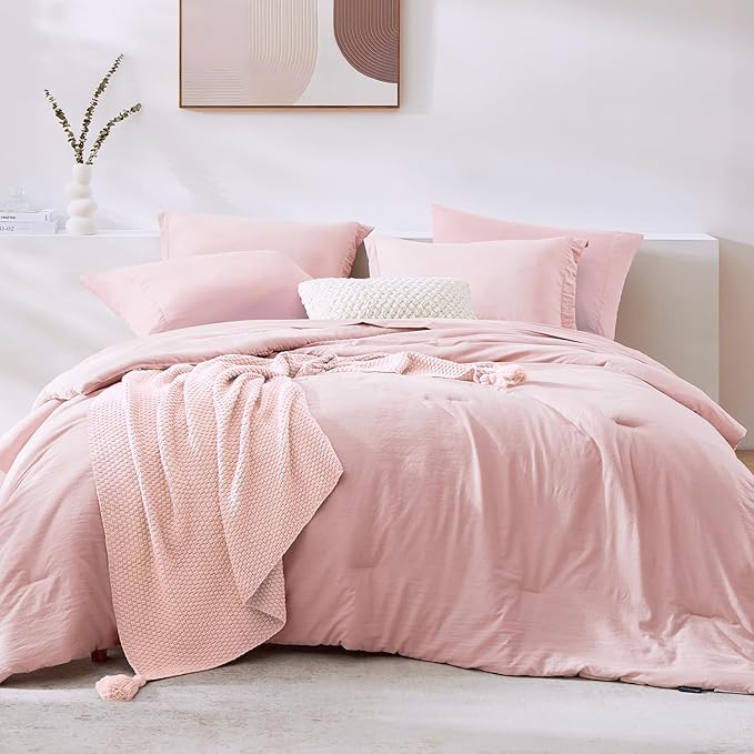 WRENSONGE Queen Comforter Set - 7 Pieces Soft Pink Soft Bed in a Bag Queen with Sheets, 2 Pillow Shams, and 2 Pillowcases- Warm Bedding Sets for All Season