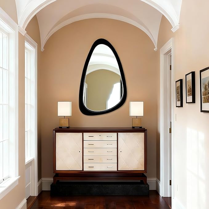 Asymmetrical Mirror, 30"x20" Unique Irregular Wall Mirror, Wood Mid Century Modern Mirror Decor for Bathroom Bedroom Living Room Entryway Hallway (Black)