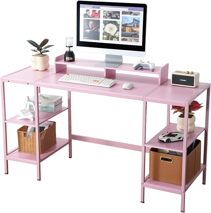 Computer Desk 55-inch with Storage Shelf - Pink Ideal Gaming Desk for Bedrooms, Small Spaces, and Home Offices Modern Writing Desk for PCs.