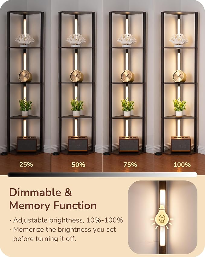 EDISHINE 64" Corner Shelf Floor Lamp for Living Room, Modern LED Corner Light with Shelves, 3CCT, Stepless Dimmable Tall Floor Light for Bedroom, Office, Dining Room, 3000K 4000K 5000K, Black Walnut