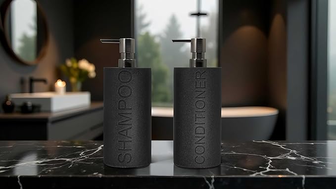 Resin 2 Pack Shampoo, Conditioner or Body Wash Dispenser Set, Luxurious Refillable Pump Bottles with Matte Pump Top and Embossed Text, Durable Design for Bathroom and Shower