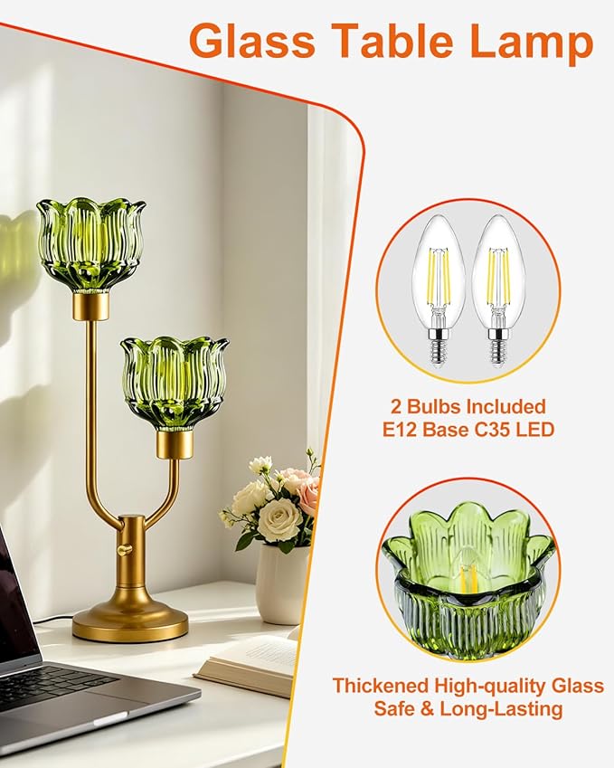 Lightdot Vintage Green Glass Table Lamp for Bedroom Dimmable Mid Century Modern Desk Lamp Gold Flower Nightstand Lamp 2 Bulbs Included Warmwhite Ambient Bedside Lamps for Living Room Home Office Decor