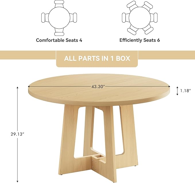 Round Dining Table for 4, Farmhouse Kitchen Table, Wooden Circle Table, 300lb Capacity & Easy Assembly for Home Dining Room Kitchen Living Room (Natural Oak)
