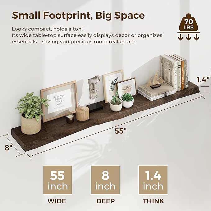 55 Inch Floating Shelves for Wall, Solid Elm Wood Live Edge Wall Shelf for Home Decor, 8 Inch Deep Floating Shelf, 55 x 8 Wooden Shelves for Bathroom Living Room Kitchen, Walnut Color, Set of 1