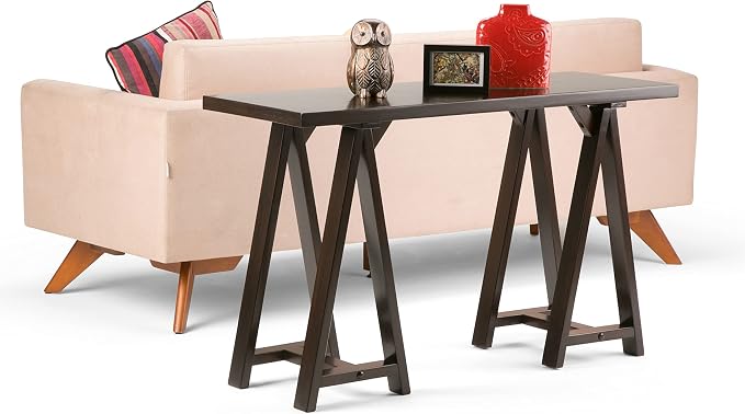 SIMPLIHOME Sawhorse Console Table - 50 Inch Wide Solid Wood Sofa Table in Dark Chestnut Brown, Modern Industrial Entryway Table for Living Room with Extra Thick Top and Sawhorse Legs
