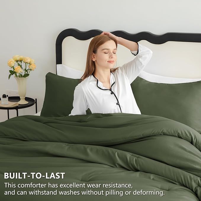 CozyLux Super King Plus Comforter Set Olive Green, 3 Pieces 128"x120" Lightweight Down Alternative Quilted Bedding Set, All Season Breathable Solid Comforter with 2 Pillowcases, Oversized Bed Set Gift