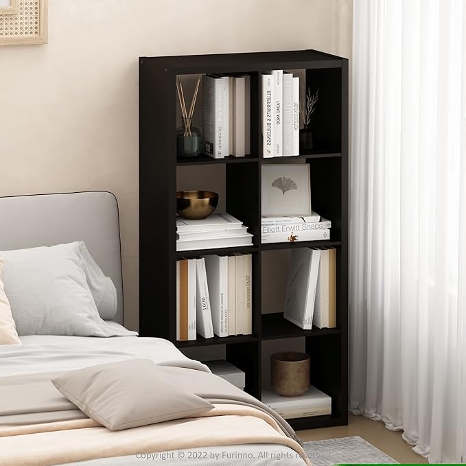 Furinno CUBICLE Book Shelf, 8-Cube Bookshelf, Extra Thick Frame Horizontally & Vertically Reversible Bookcase with Open Back, 14.6" x 30" x 58", for Living Room, Bedroom, Home Office, Black Dark Oak