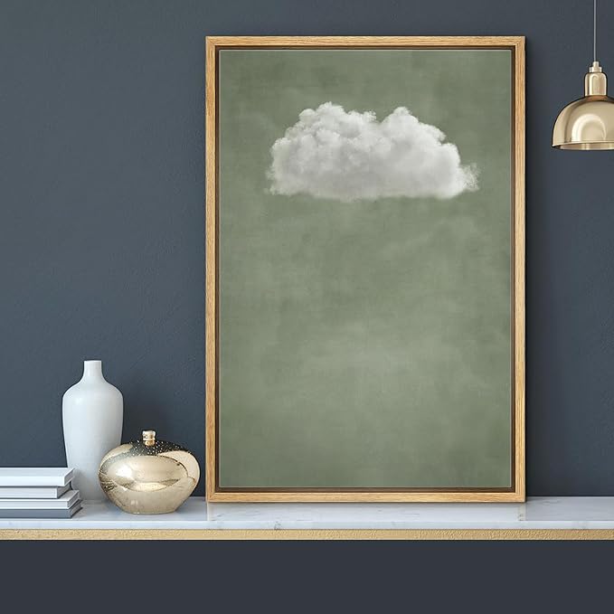 MUDECOR Framed Canvas Print Wall Art Minimalist Floating Cloud Modern Green Sky Illustrations Modern Art Minimal Relax for Living Room, Bedroom, Office - 16"x24" Natural