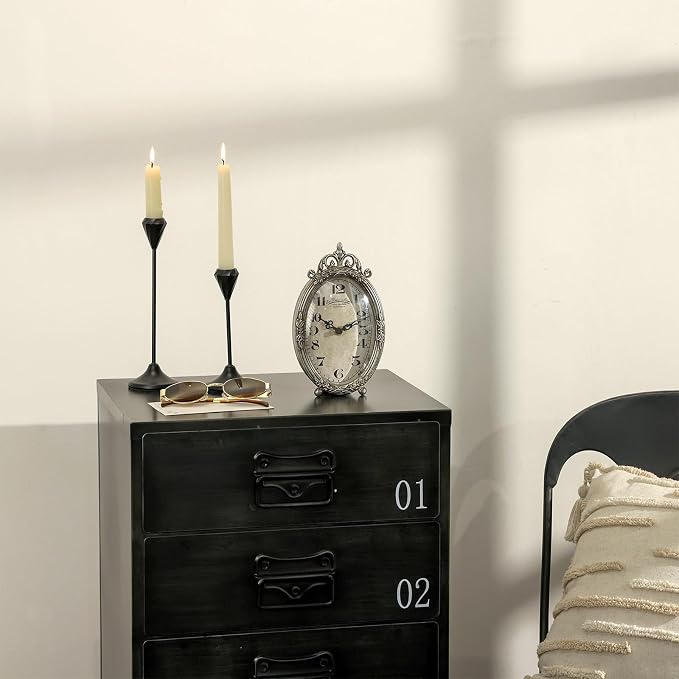 NIKKY HOME Small Vintage Table Clock, Silent Elegant Silver Desk Clock | Non-Ticking Battery-Operated Metal Decorative Shelf Clock, Perfect for Living Rooms, Offices, Shelves, Mantels